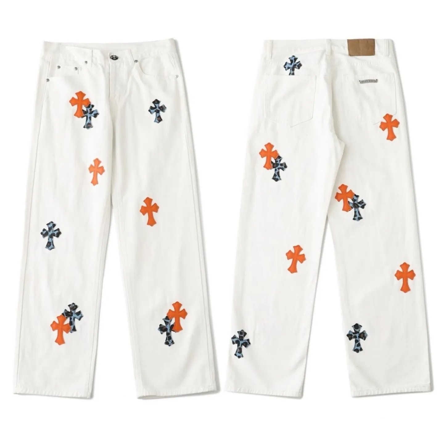 P260 💰 (Top version) Chrome Hearts/Chrome Hearts Classic white and orange cow series colored leather cross washed color fabric unisex denim trousers Vibe style straight stacked god-level version Carbon fine bias denim color cloth Old vintage full set of hardware - Chrome Hearts white cow series The high version uses high-ounce custom fabrics, fermentation washing and soft color fixation, soft and thick to wear. The details are all made by hand-polished craftsmanship. All-over printed jacquard fabric Unique design style. Through multiple processes to create a full retro feel. Unique niche non-contrast shirt. Customized distressed spray-painted buttons. Craftsmanship in every detail. Color: white and orange. Size: 28-30-32-34 (corresponding to S-M-L-XL)